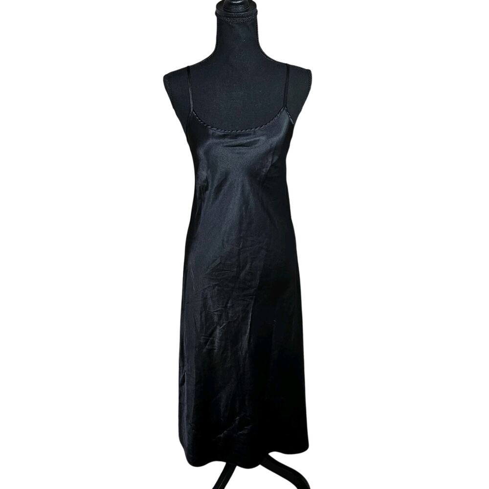 LBD 90s Minimalist St Michael Black Satin Slip Dress L Vtg Lingerie Nightie Y2K